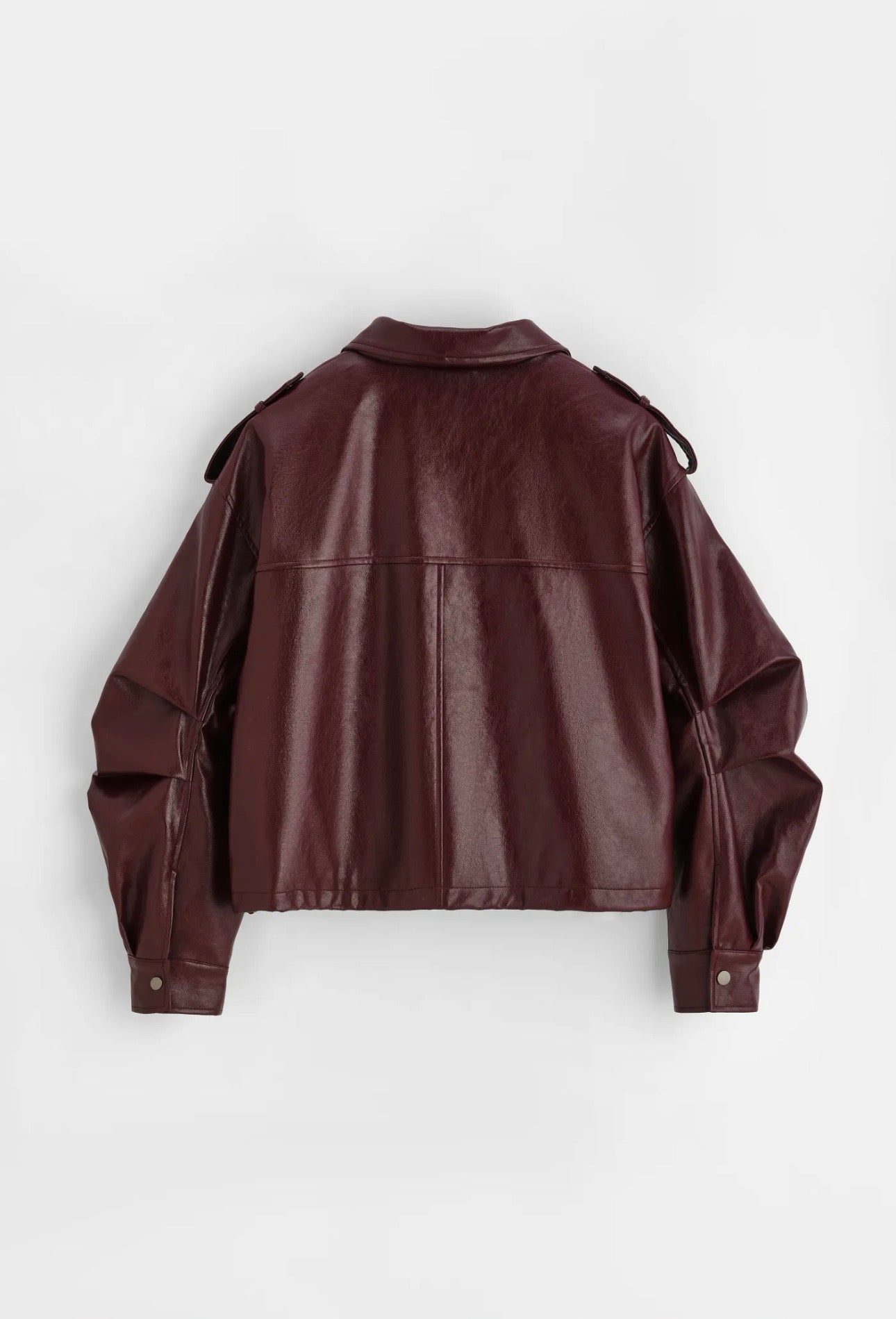 Funnel Neck Leather Jacket in Burgundy