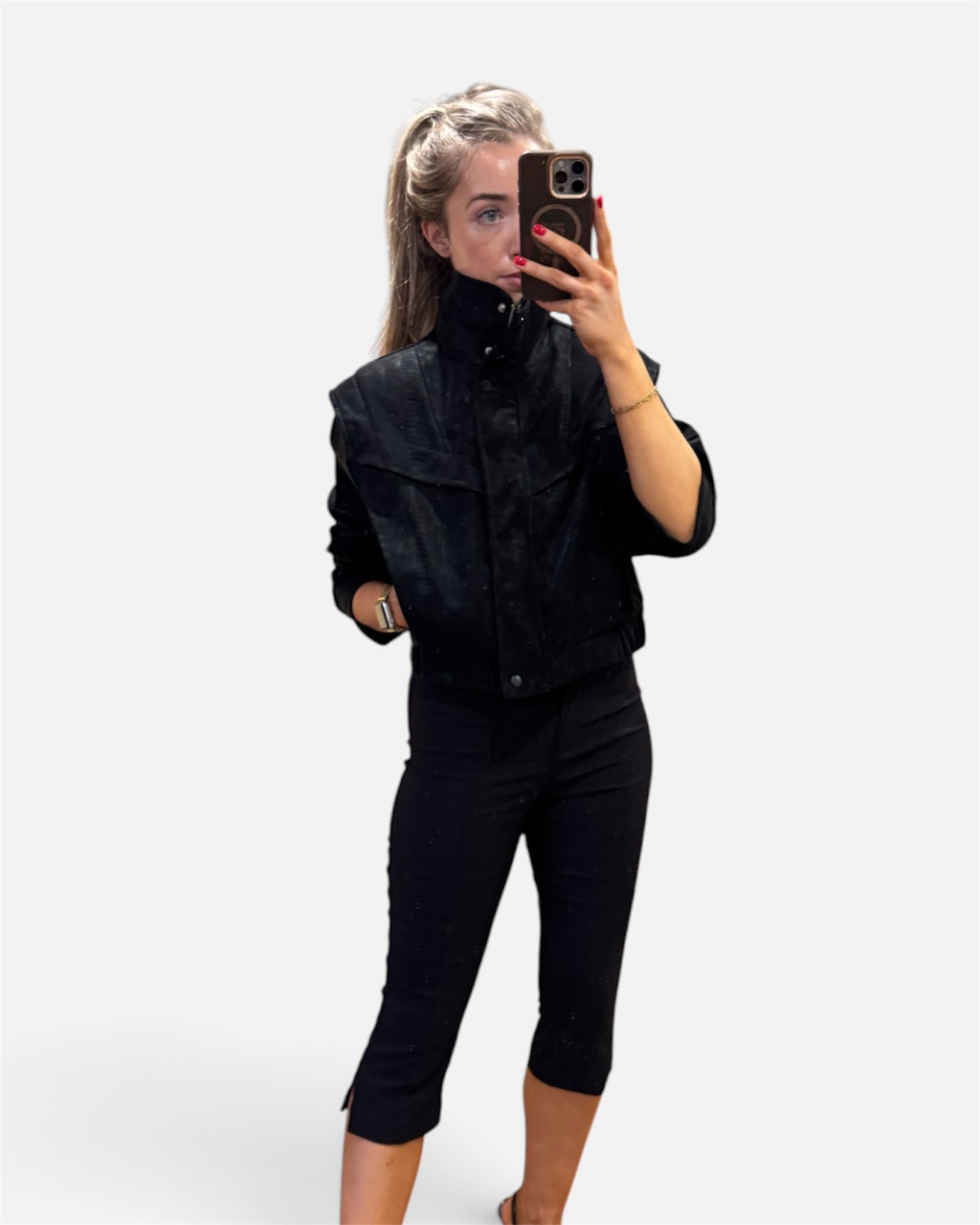 Julian Snakeskin Cropped Bomber Jacket in Black