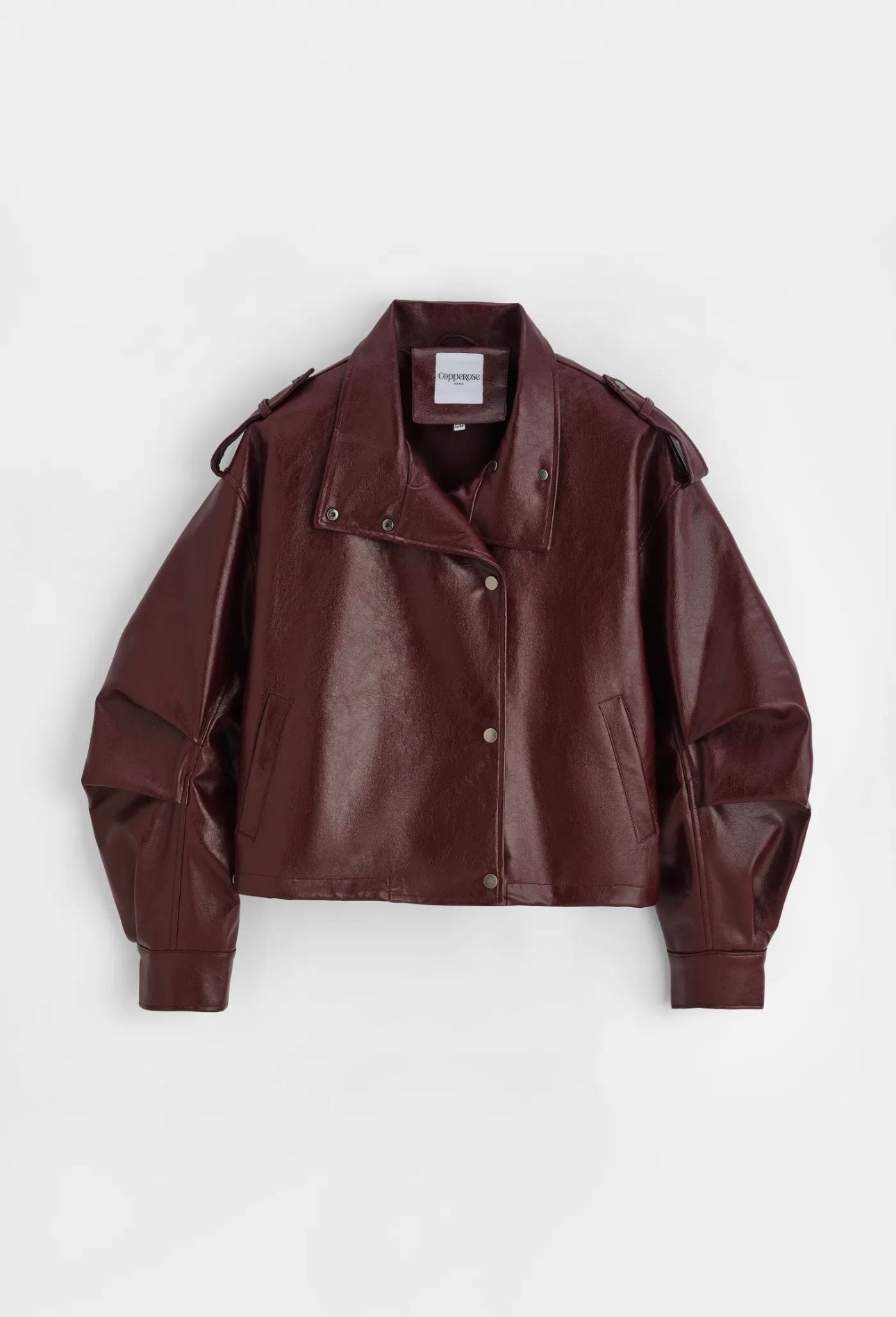 Funnel Neck Leather Jacket in Burgundy