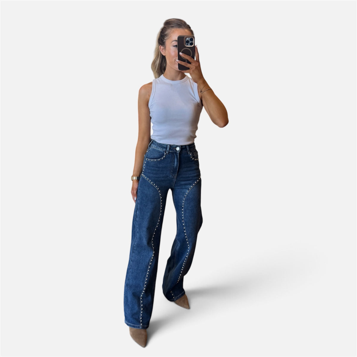 Bea Studded Wide Leg Jeans in Denim