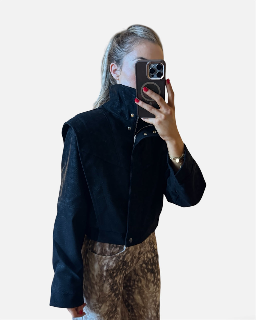 Julian Snakeskin Cropped Bomber Jacket in Black