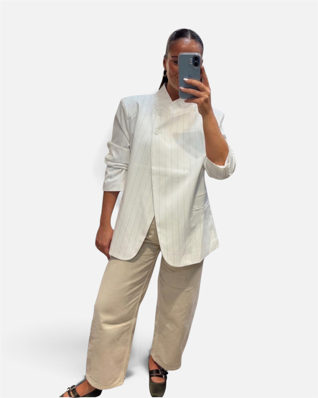 Pinstripe High Neck Blazer in White