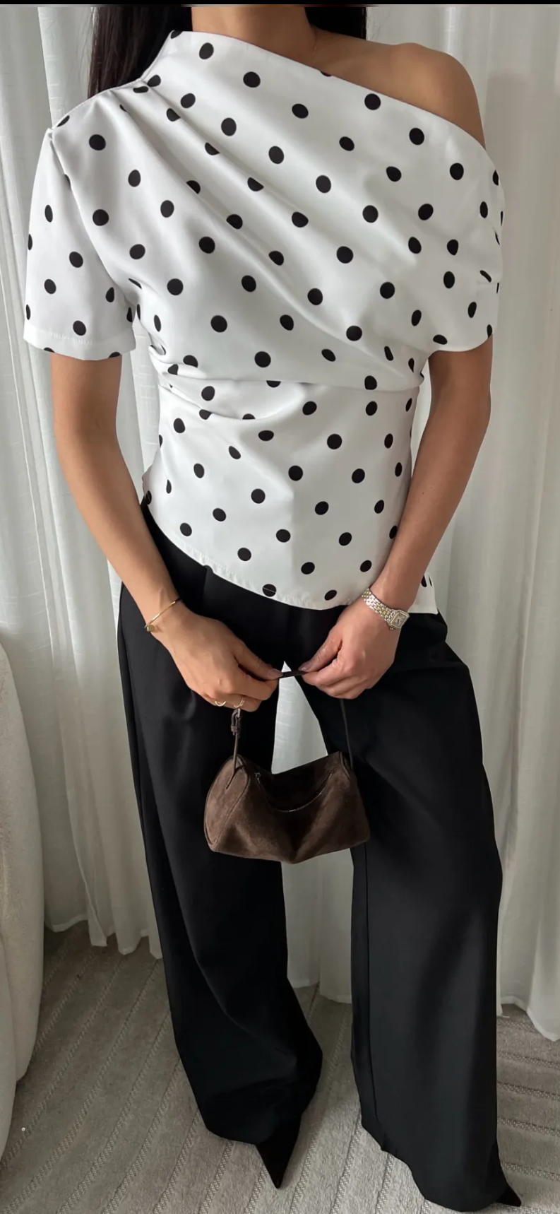 Polka dott draped one shoulder top in white
