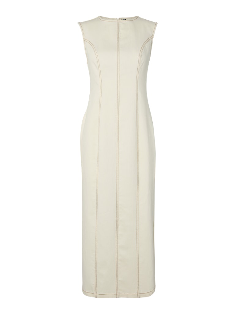 Denim Contrast Stitch Dress in Ecru