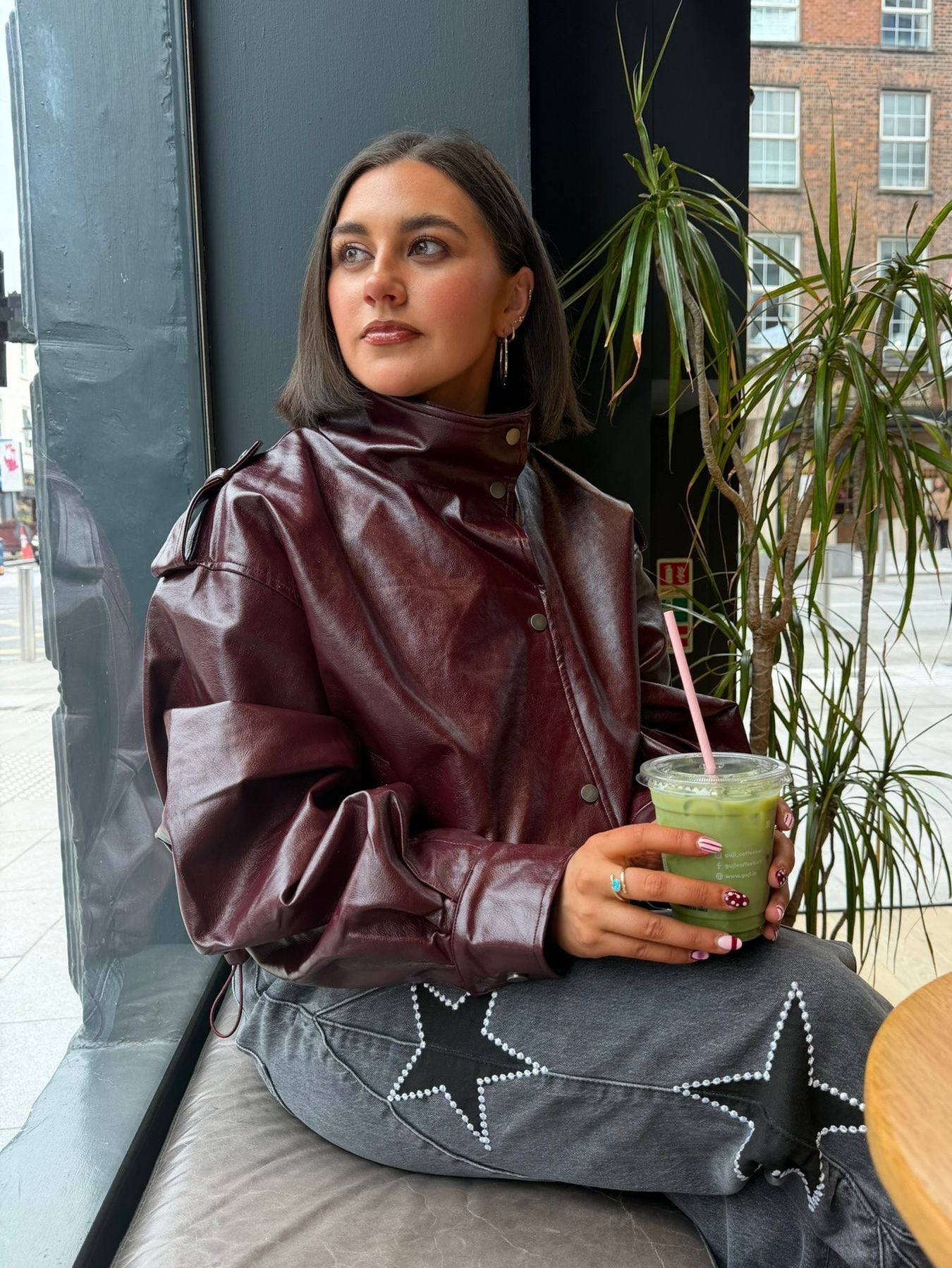 Funnel Neck Leather Jacket in Burgundy