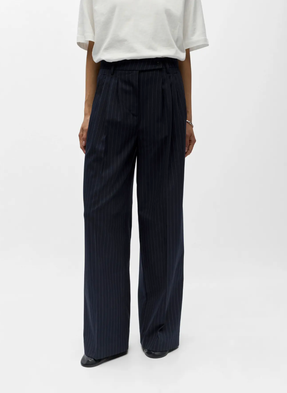 Grace Pinstripe Wide Leg Trouser in Navy