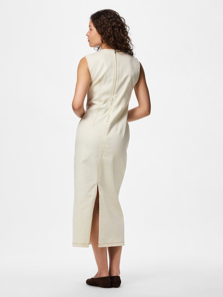 Denim Contrast Stitch Dress in Ecru