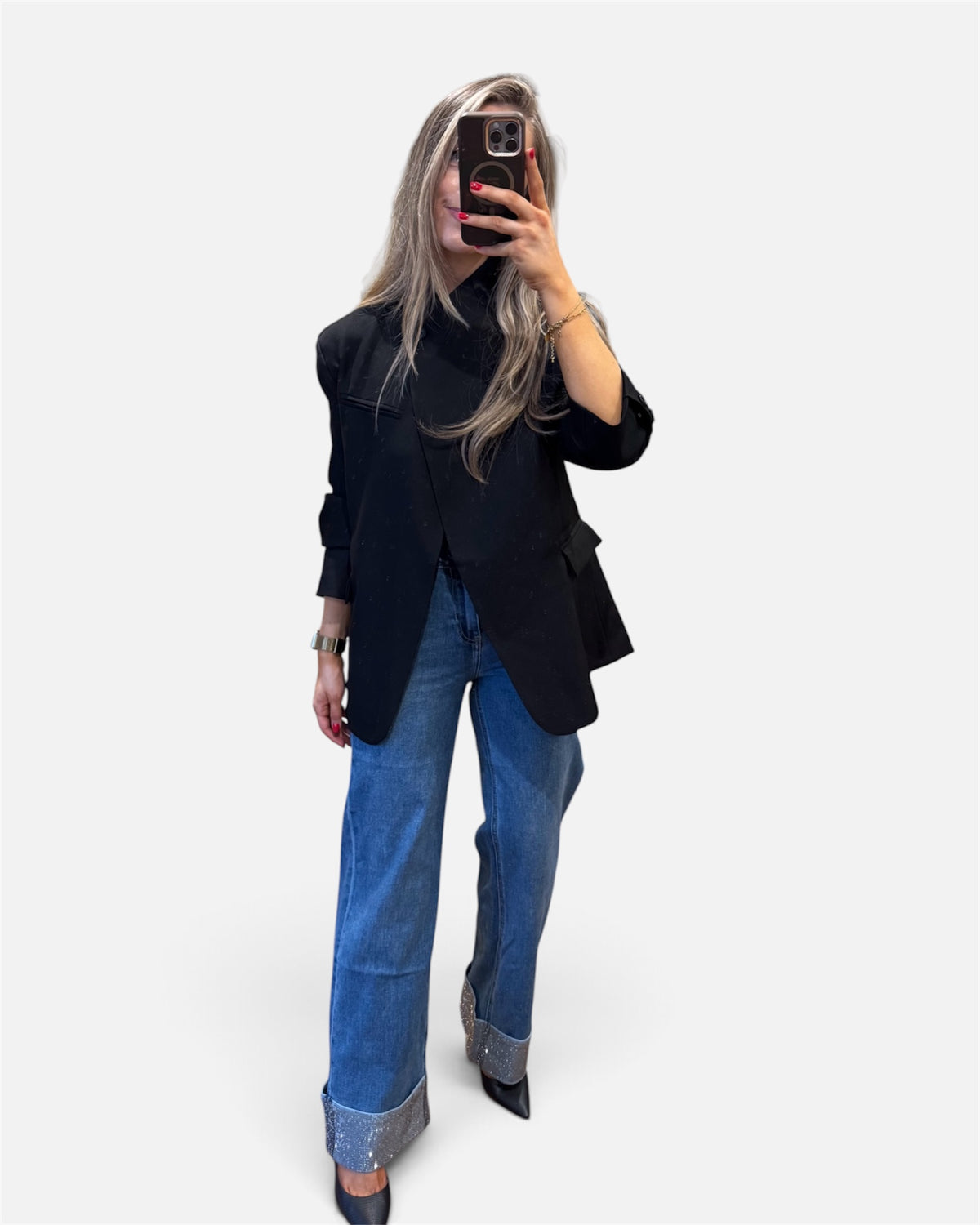Rebecca Sequin Turn Up Straight Jeans in Denim