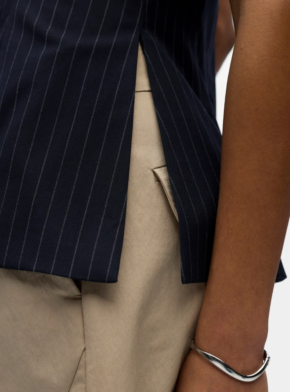 Grace Peplum Pinstripe Top in Navy
