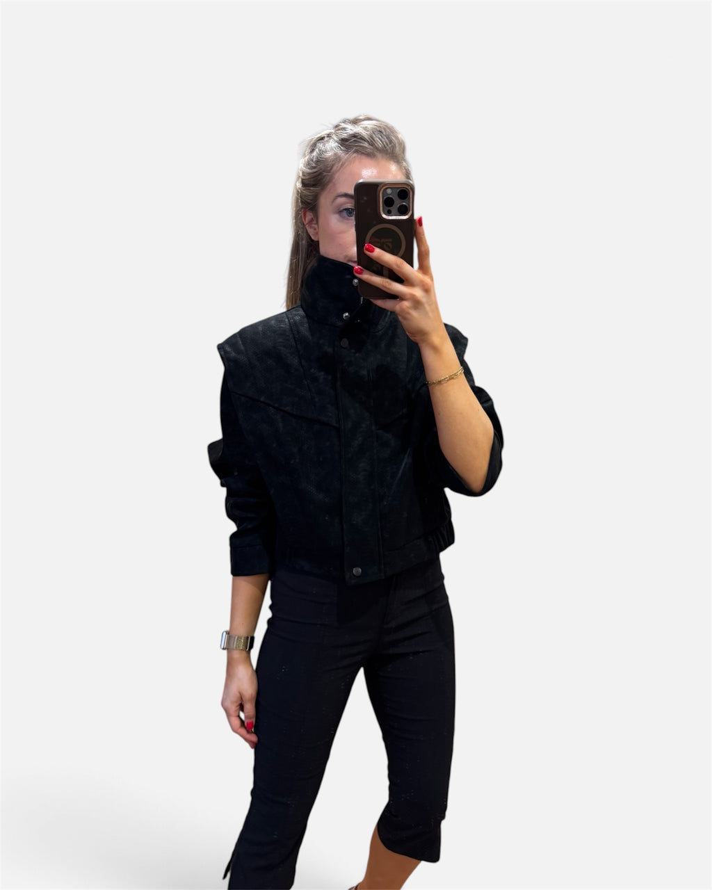 Julian Snakeskin Cropped Bomber Jacket in Black