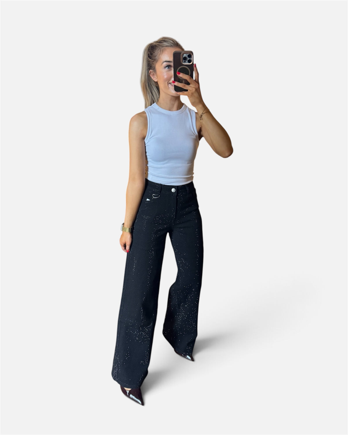 Dana Embellished Wide Leg Jeans in Black