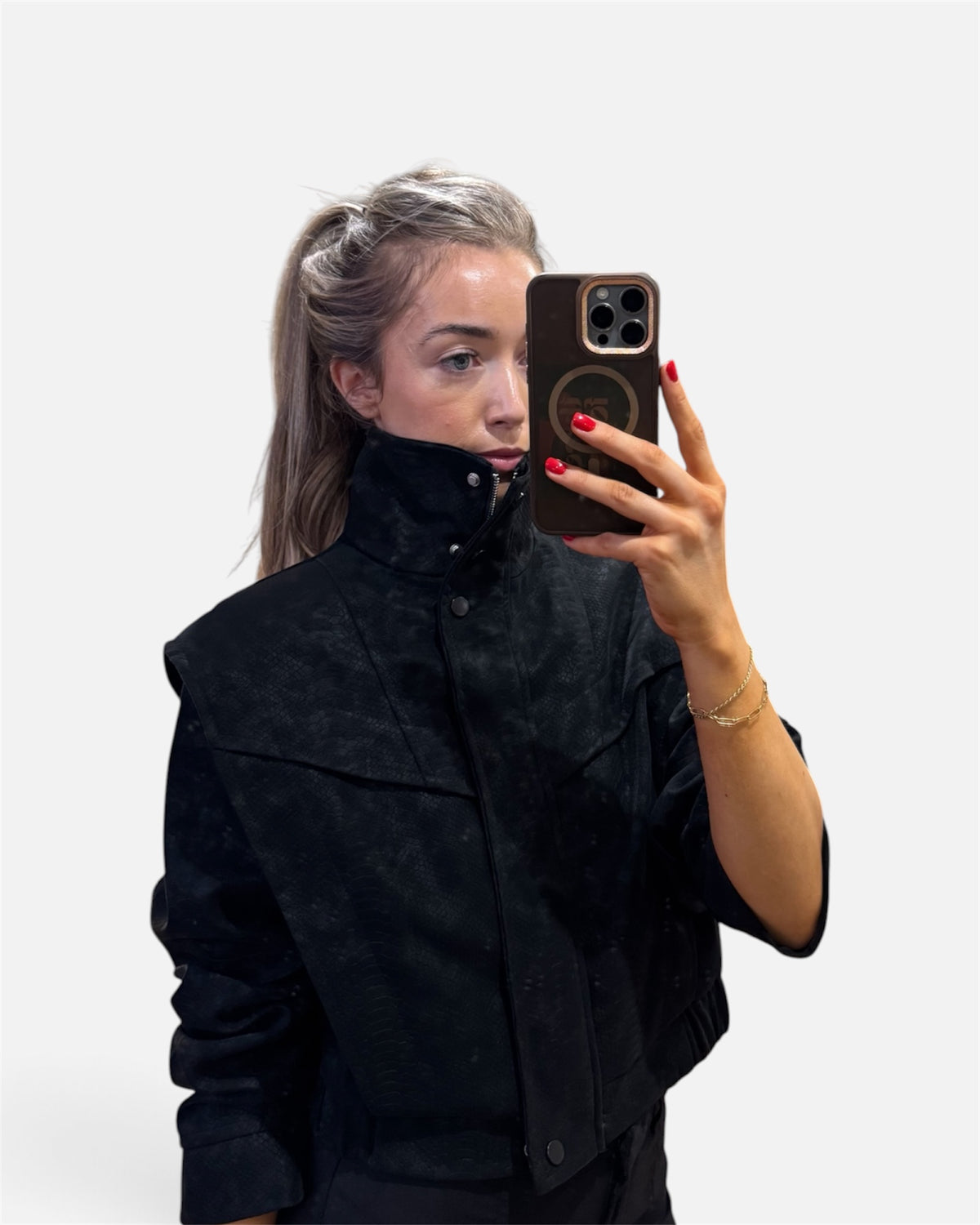 Julian Snakeskin Cropped Bomber Jacket in Black
