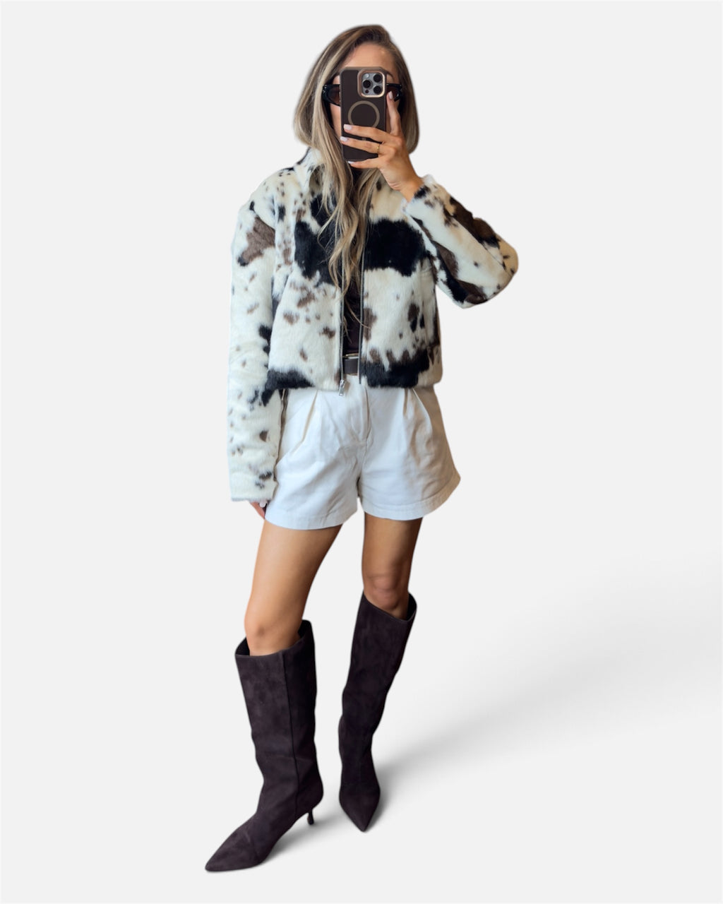Sadie Fur Bomber Jacket in Cow Print