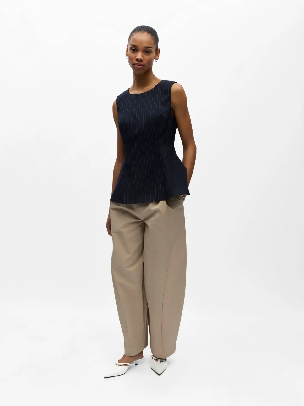 Grace Peplum Pinstripe Top in Navy
