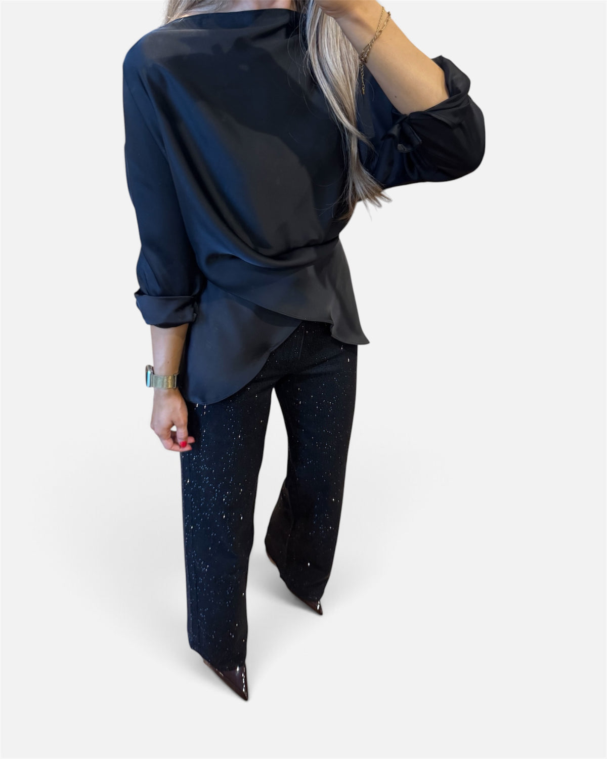 Suzie Draped Boat Neck Satin Blouse in Black