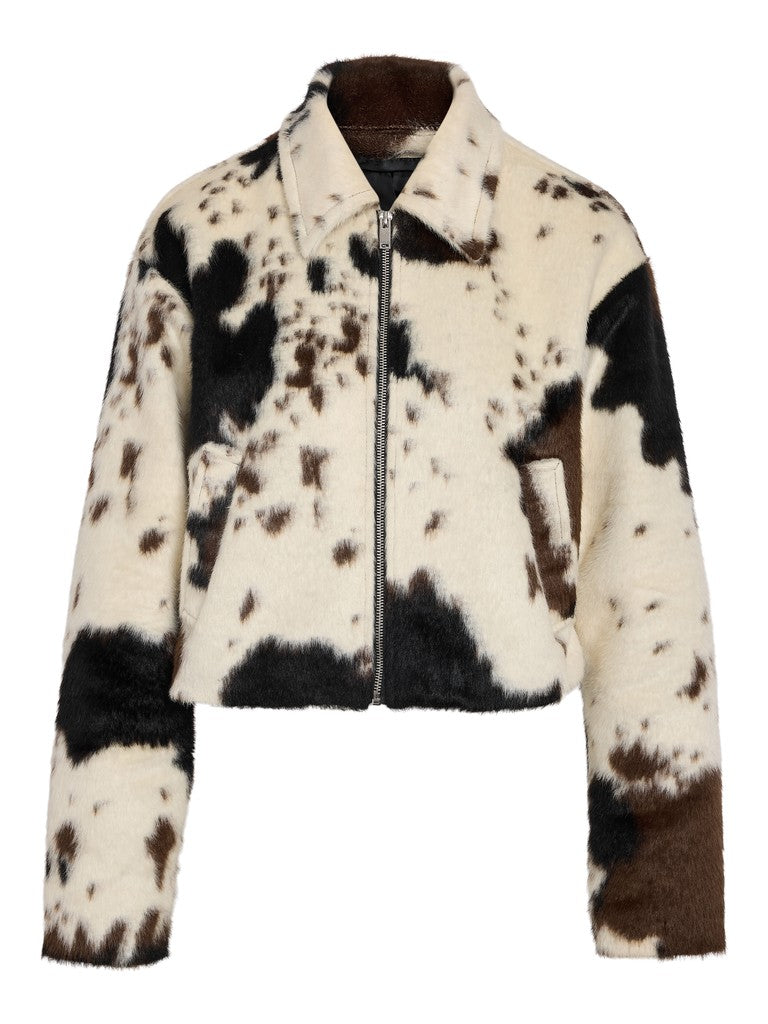 Sadie Fur Bomber Jacket in Cow Print
