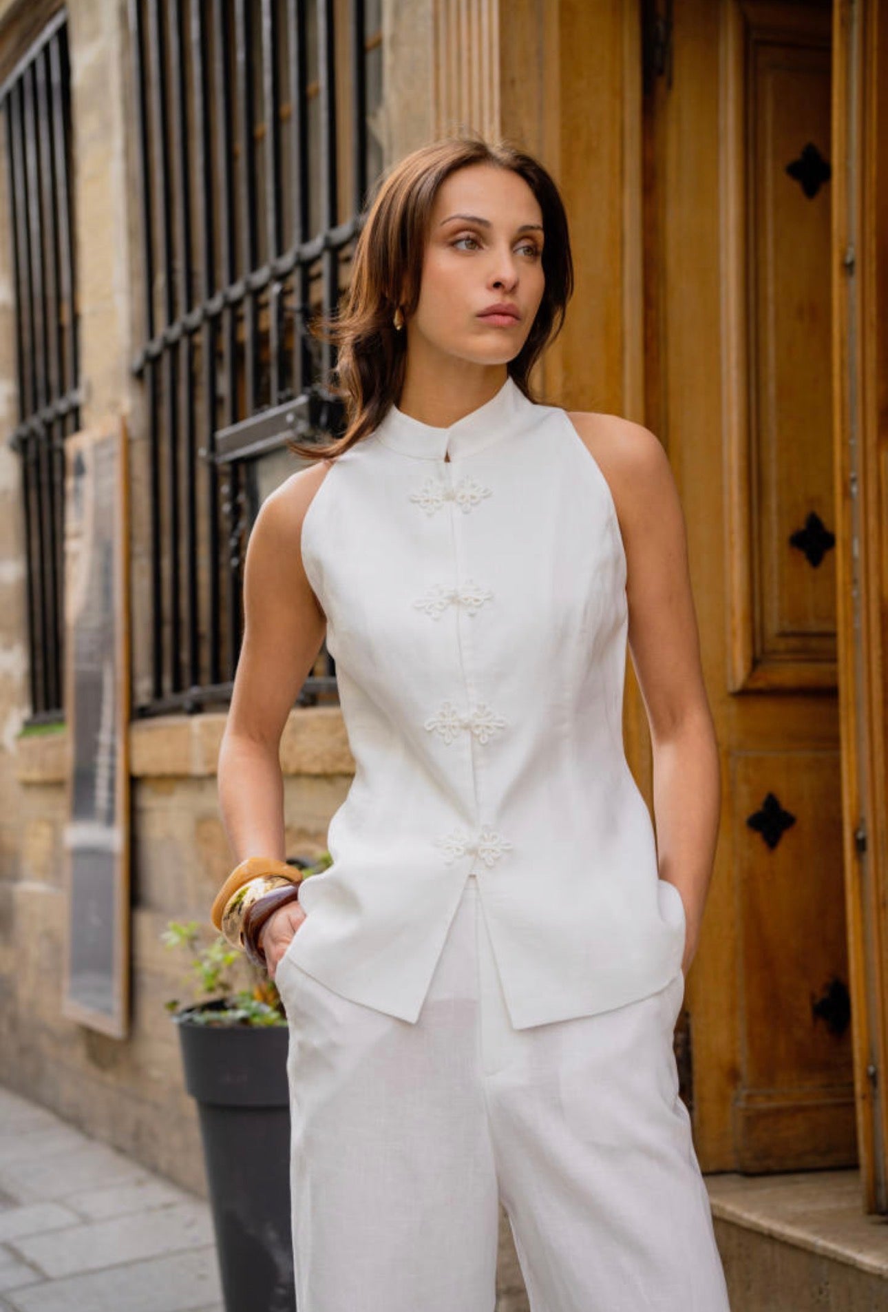 High neck linen top in white