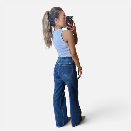 Bea Studded Wide Leg Jeans in Denim