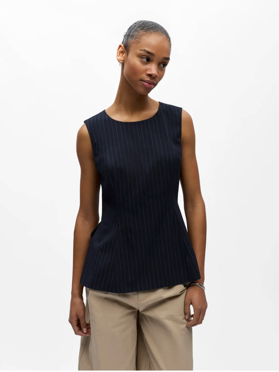 Grace Peplum Pinstripe Top in Navy