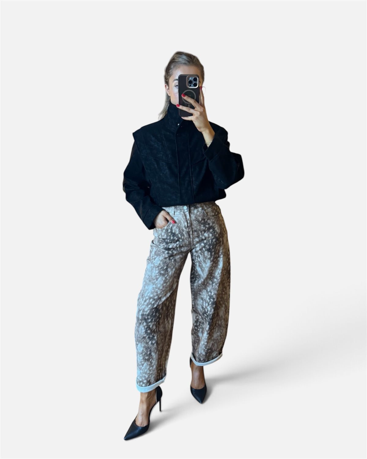 Julian Snakeskin Cropped Bomber Jacket in Black