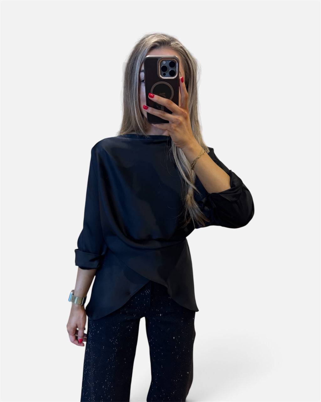 Suzie Draped Boat Neck Satin Blouse in Black