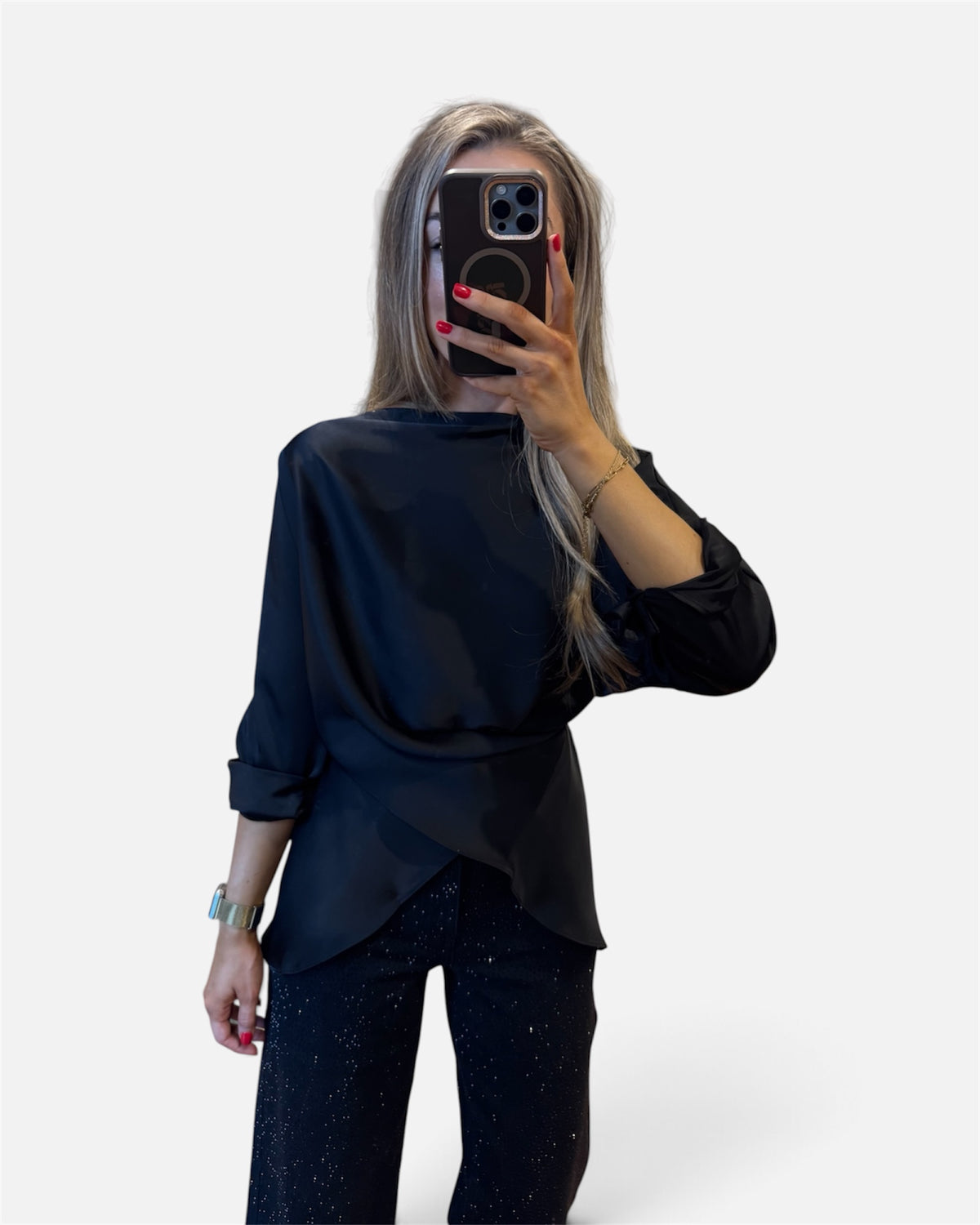 Suzie Draped Boat Neck Satin Blouse in Black