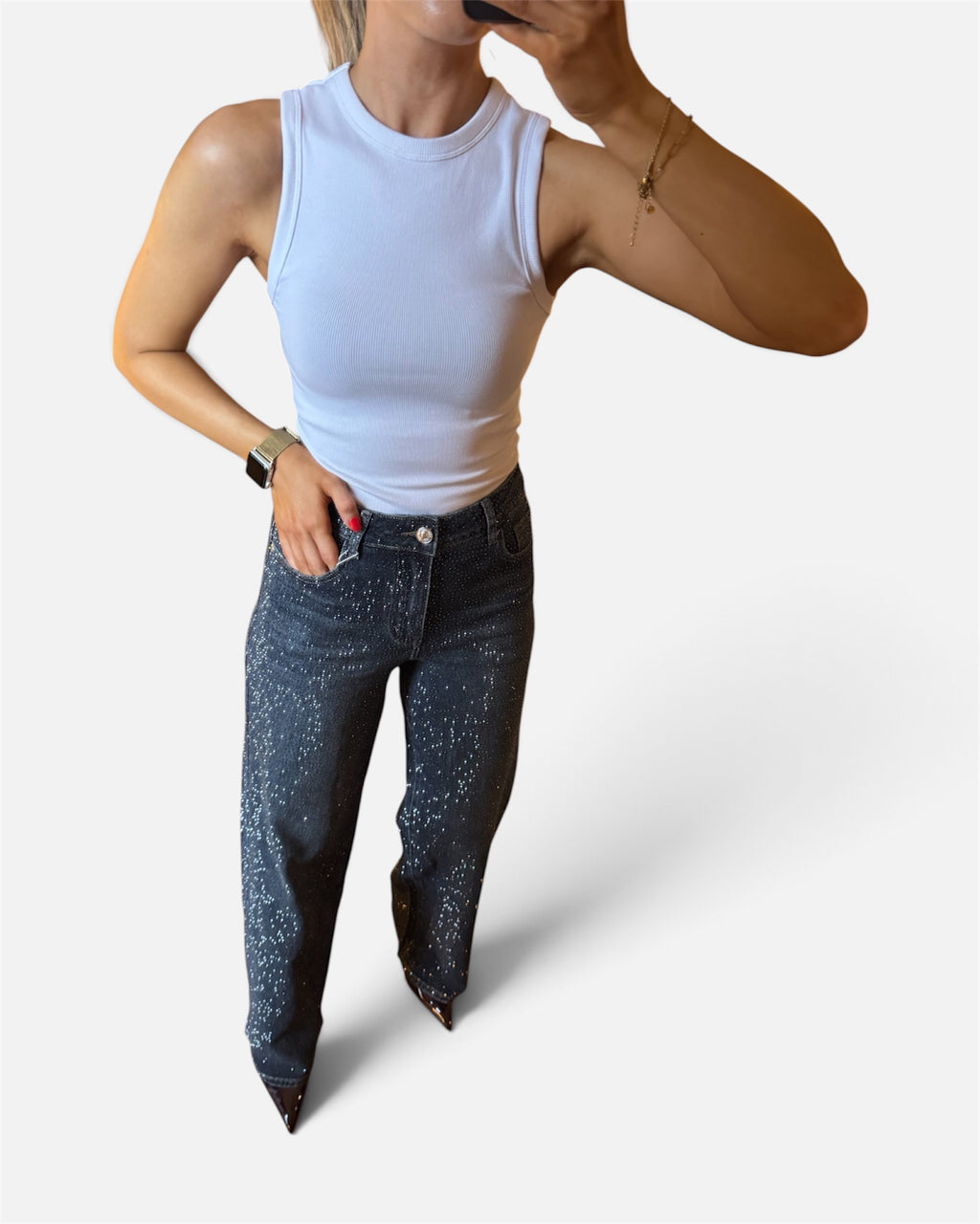 Dana Embellished Wide Leg Jeans in Dark Denim