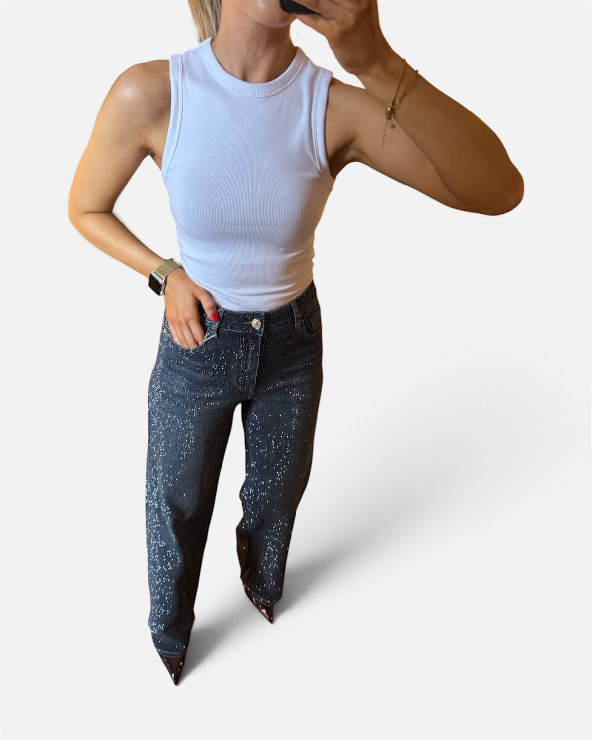 Dana Embellished Wide Leg Jeans in Dark Denim