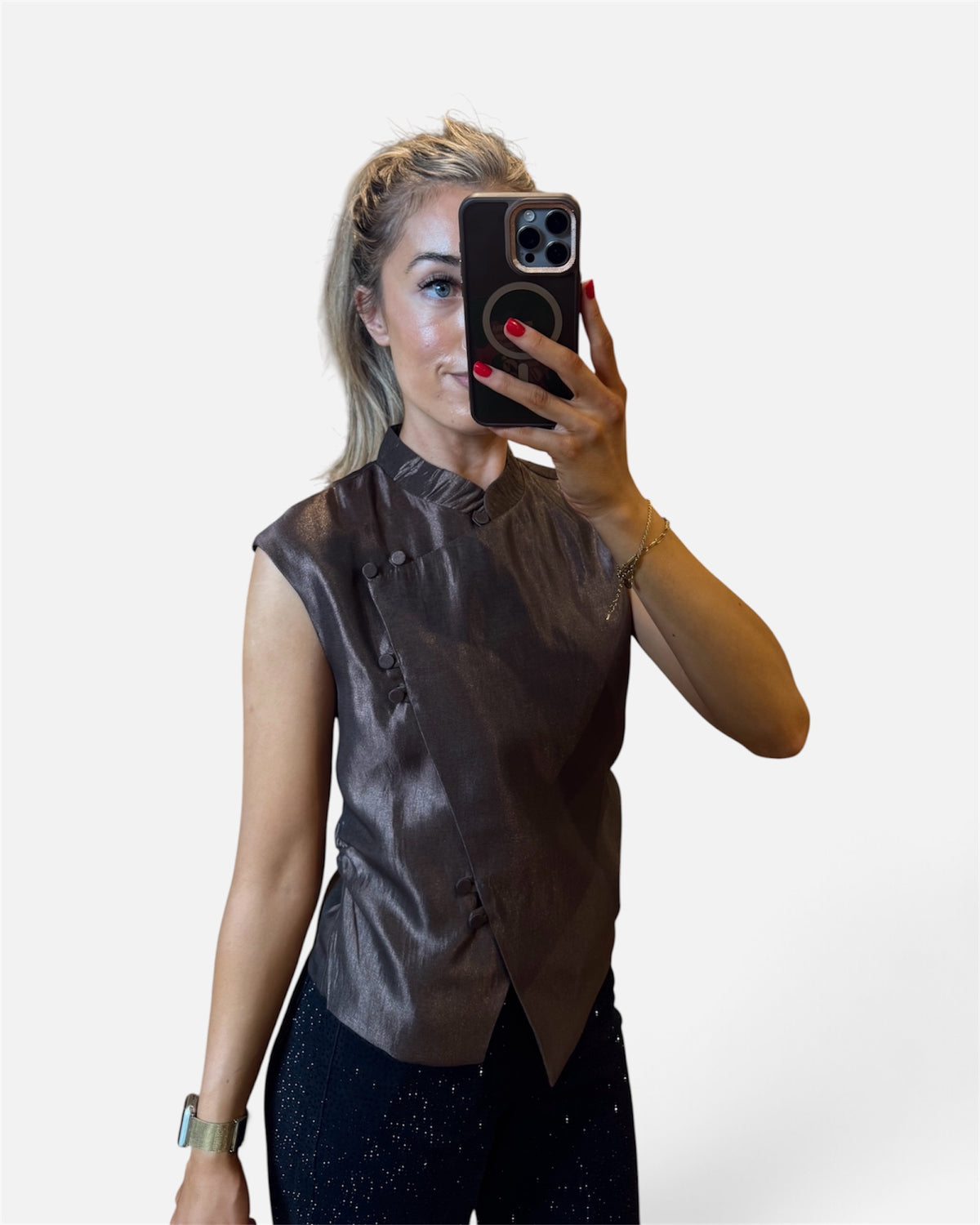 Chloe Sleeveless Mandarin Collar Top in Brown
