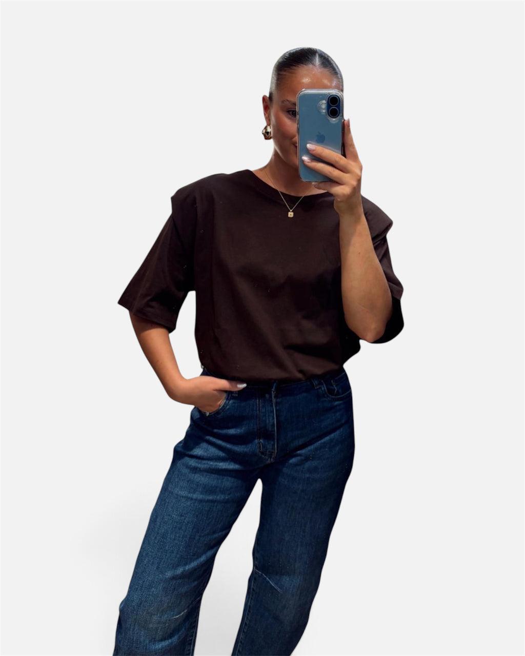 Padded Shoulder T-Shirt in Brown