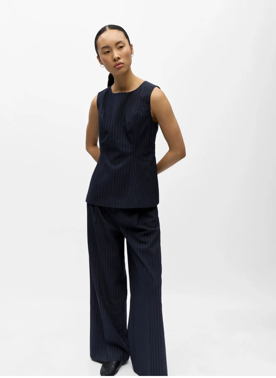 Grace Pinstripe Wide Leg Trouser in Navy
