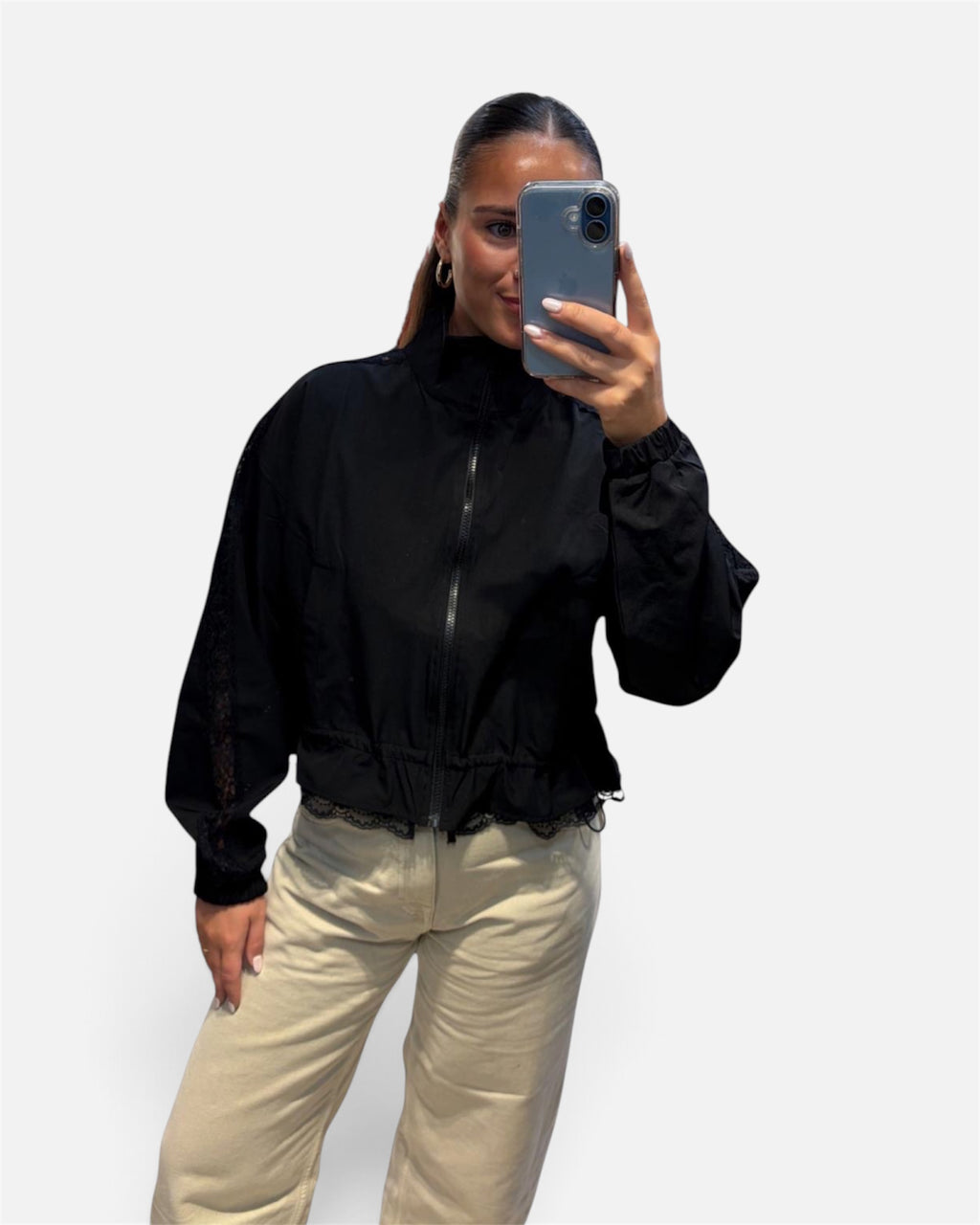 Tara Lace Trim Bomber Jacket in Black