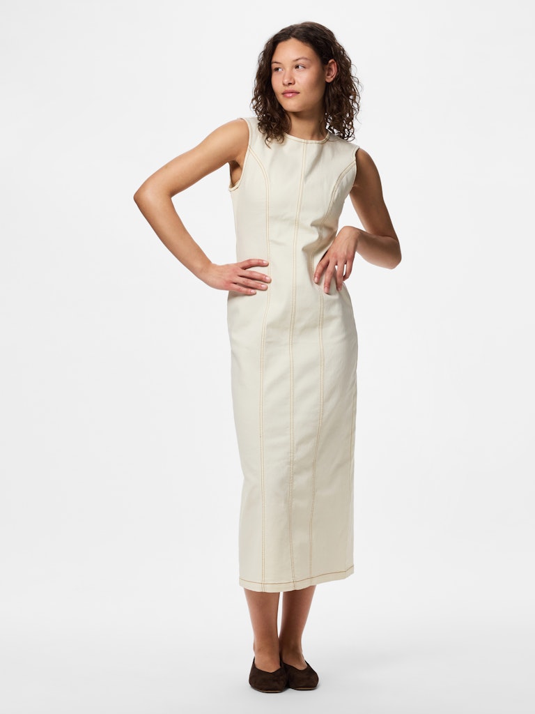 Denim Contrast Stitch Dress in Ecru