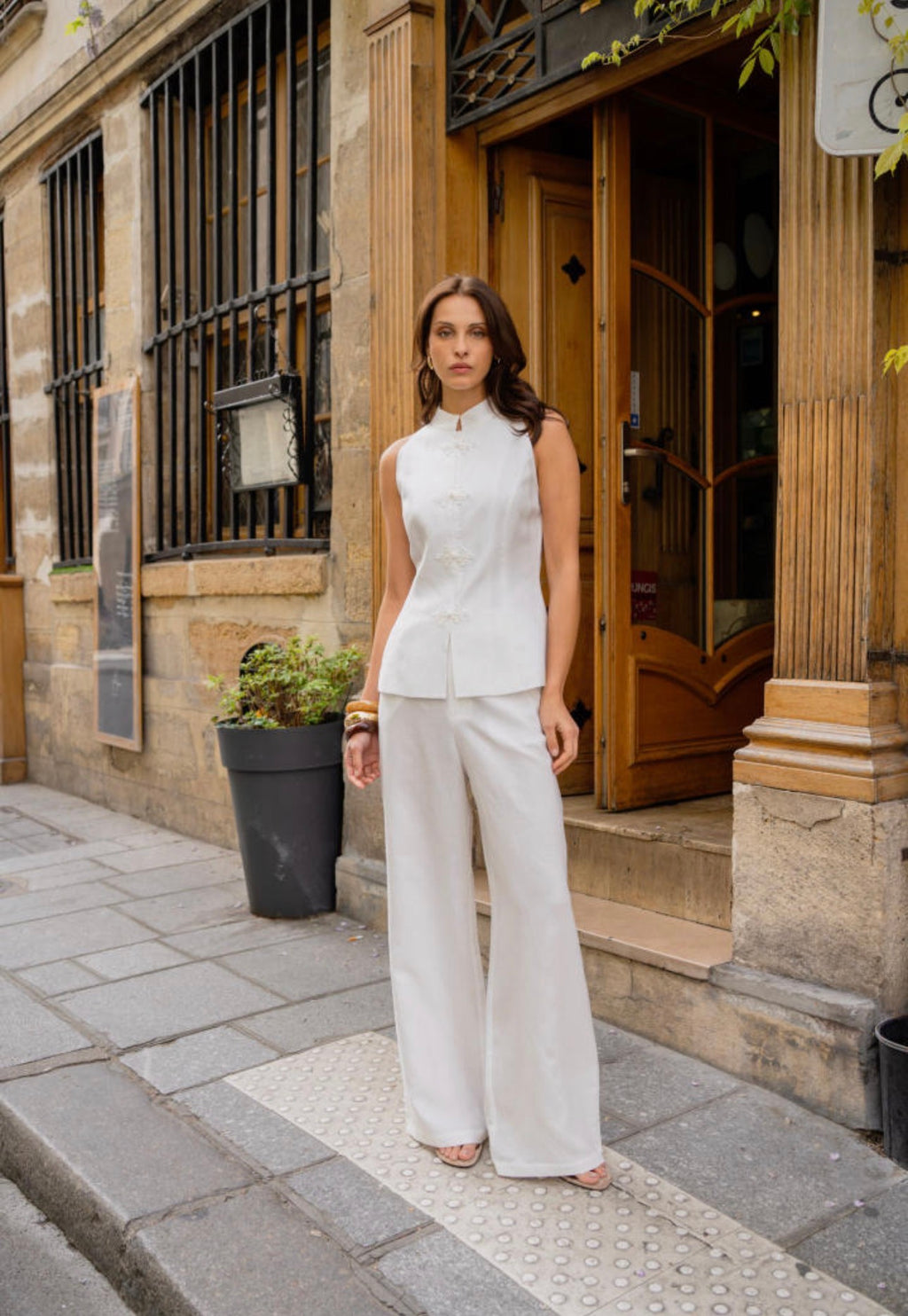 High neck linen top in white