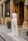 High neck linen top in white