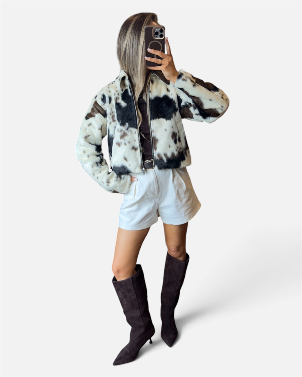 Sadie Fur Bomber Jacket in Cow Print