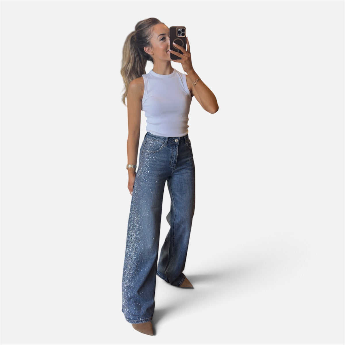 Penny Studded Wide Leg Jeans in Denim