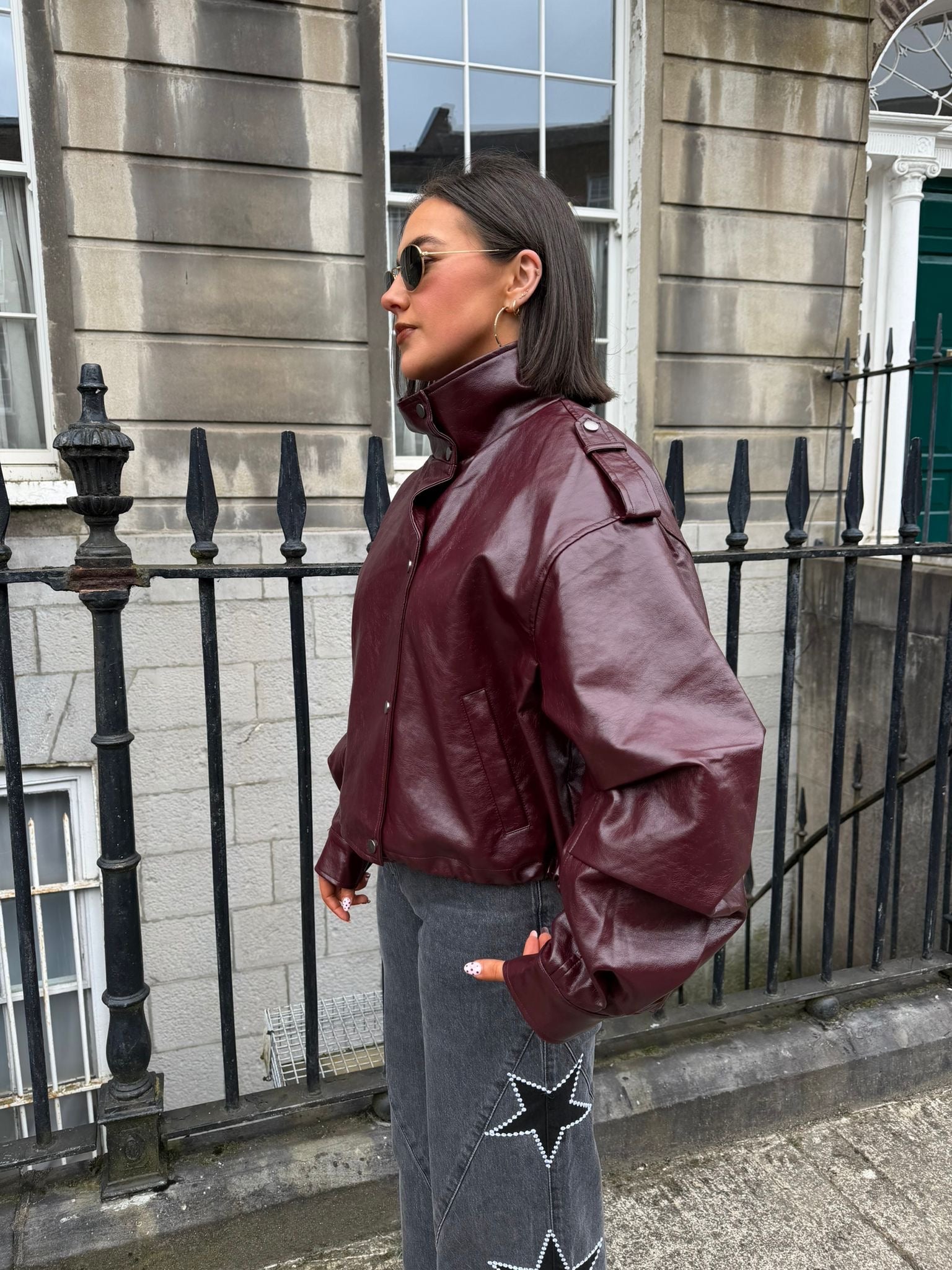 Funnel Neck Leather Jacket in Burgundy