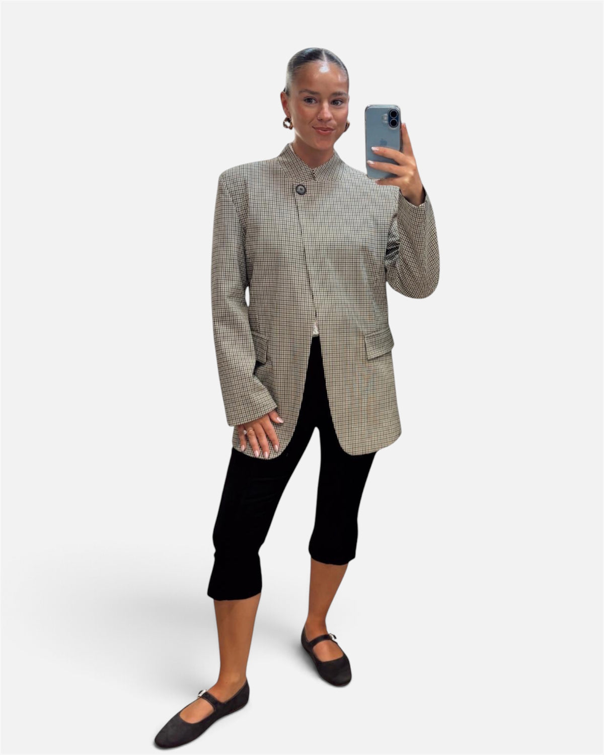 Gingham High Neck Fitted Blazer in Beige