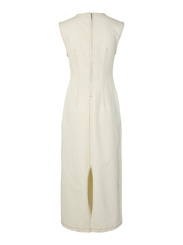 Denim Contrast Stitch Dress in Ecru