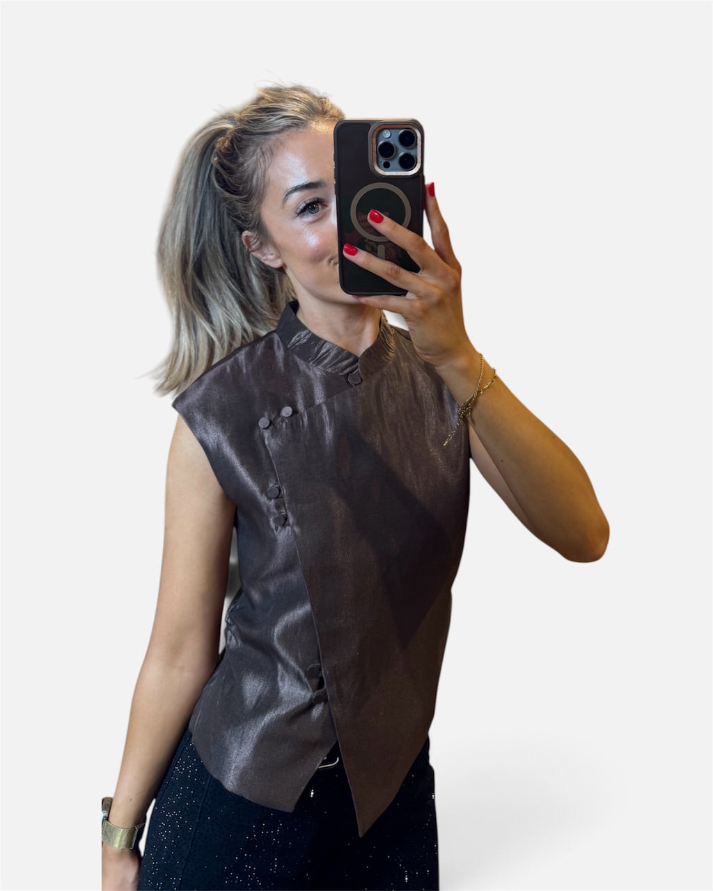 Chloe Sleeveless Mandarin Collar Top in Brown