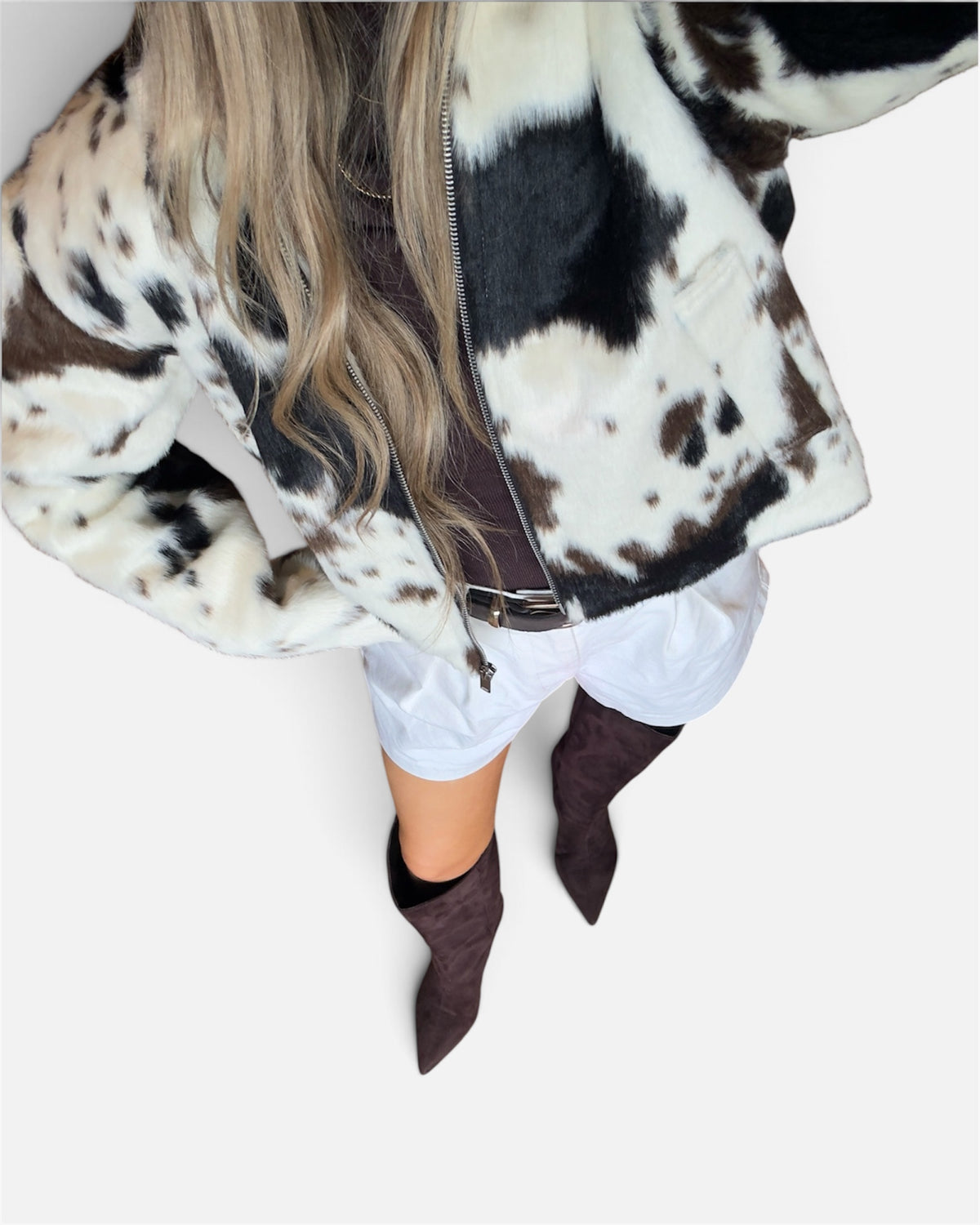 Sadie Fur Bomber Jacket in Cow Print