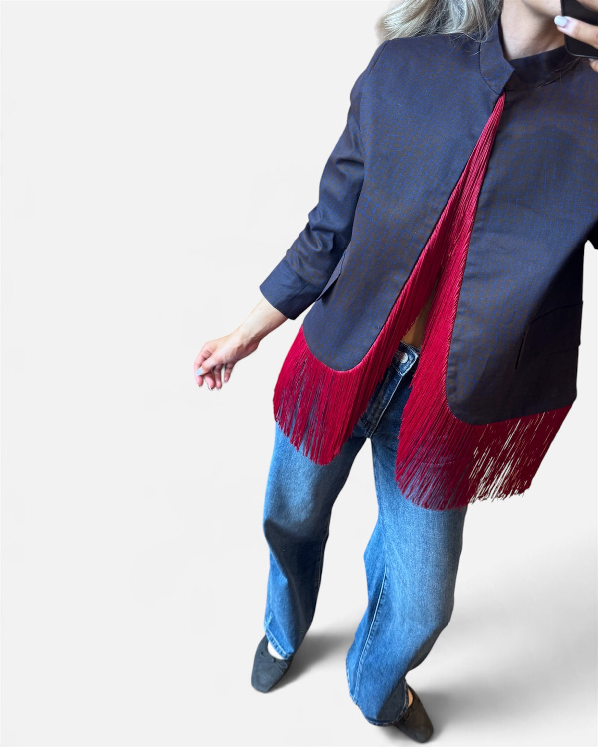 Liza Tassle Crocodile-effect jacket in brown & blue
