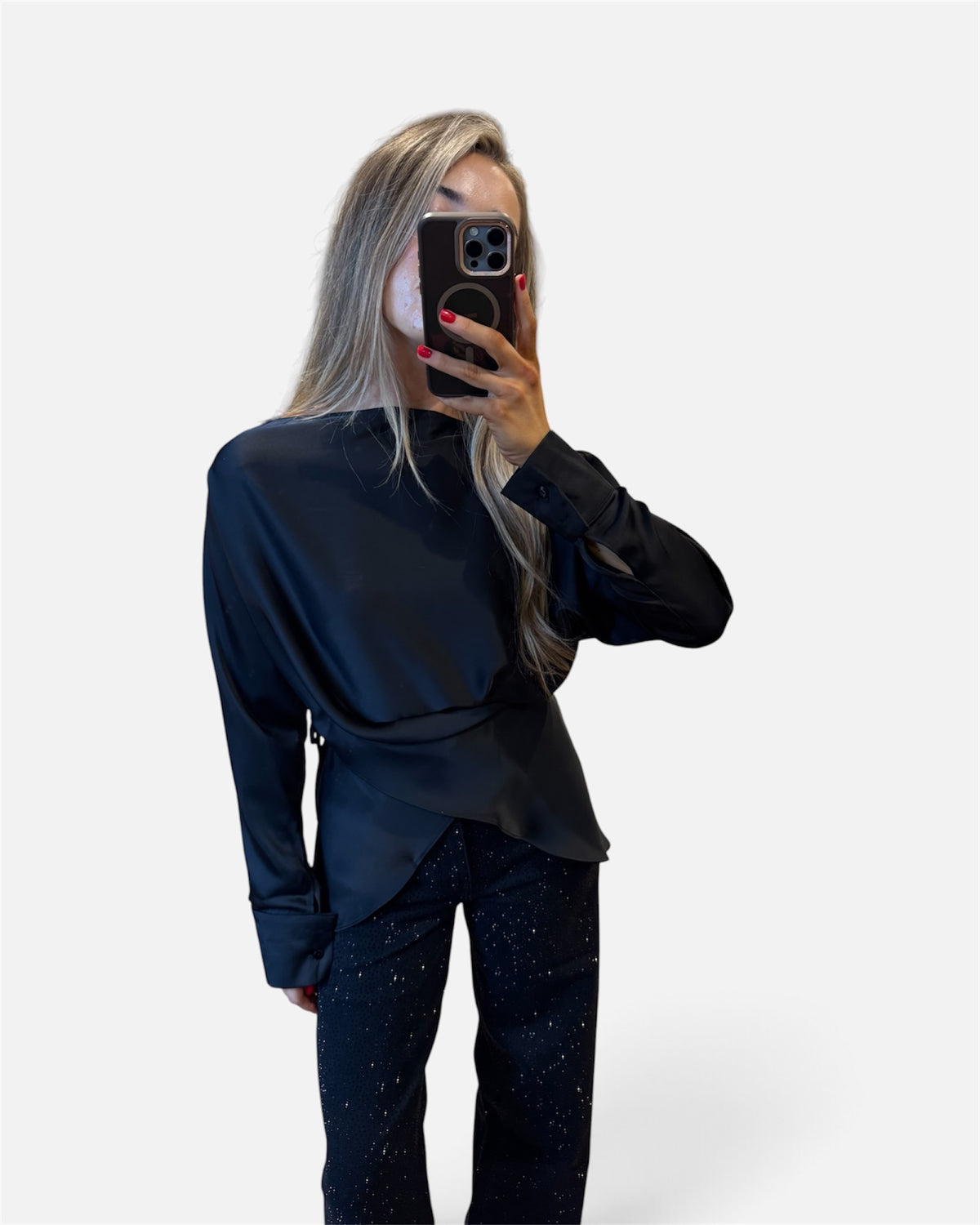 Suzie Draped Boat Neck Satin Blouse in Black