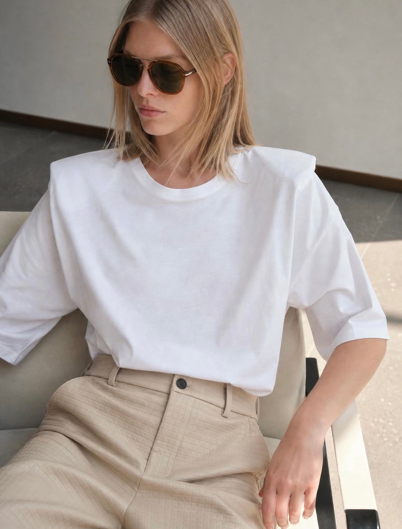 Padded Shoulder T-Shirt in White