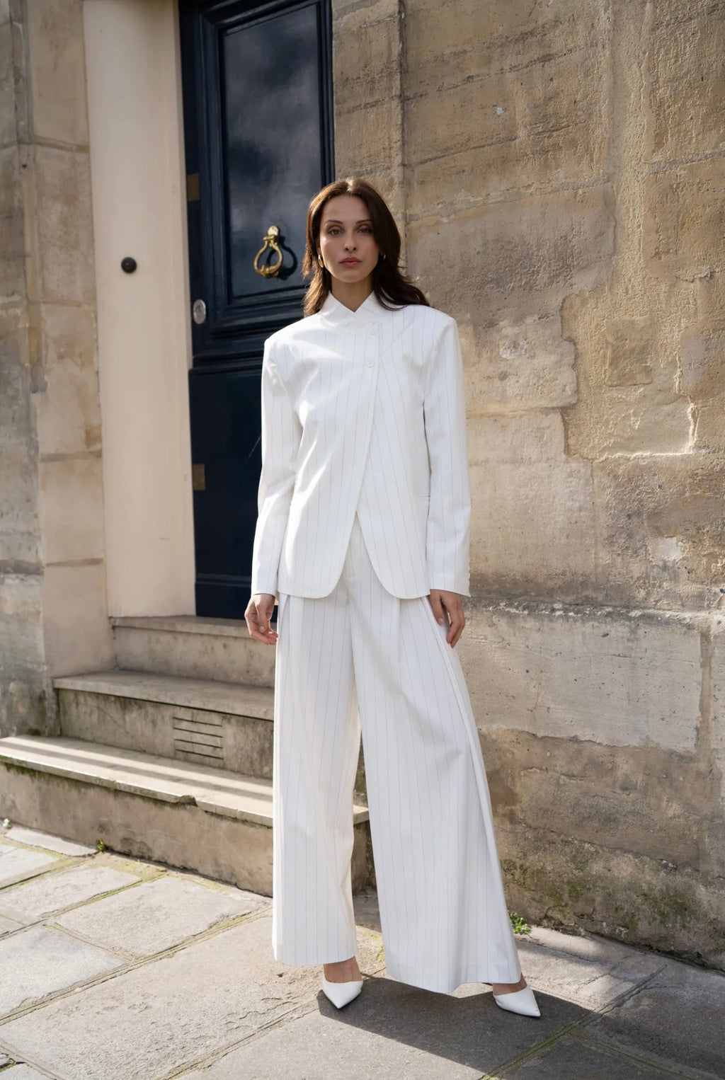 Pinstripe High Neck Blazer in White