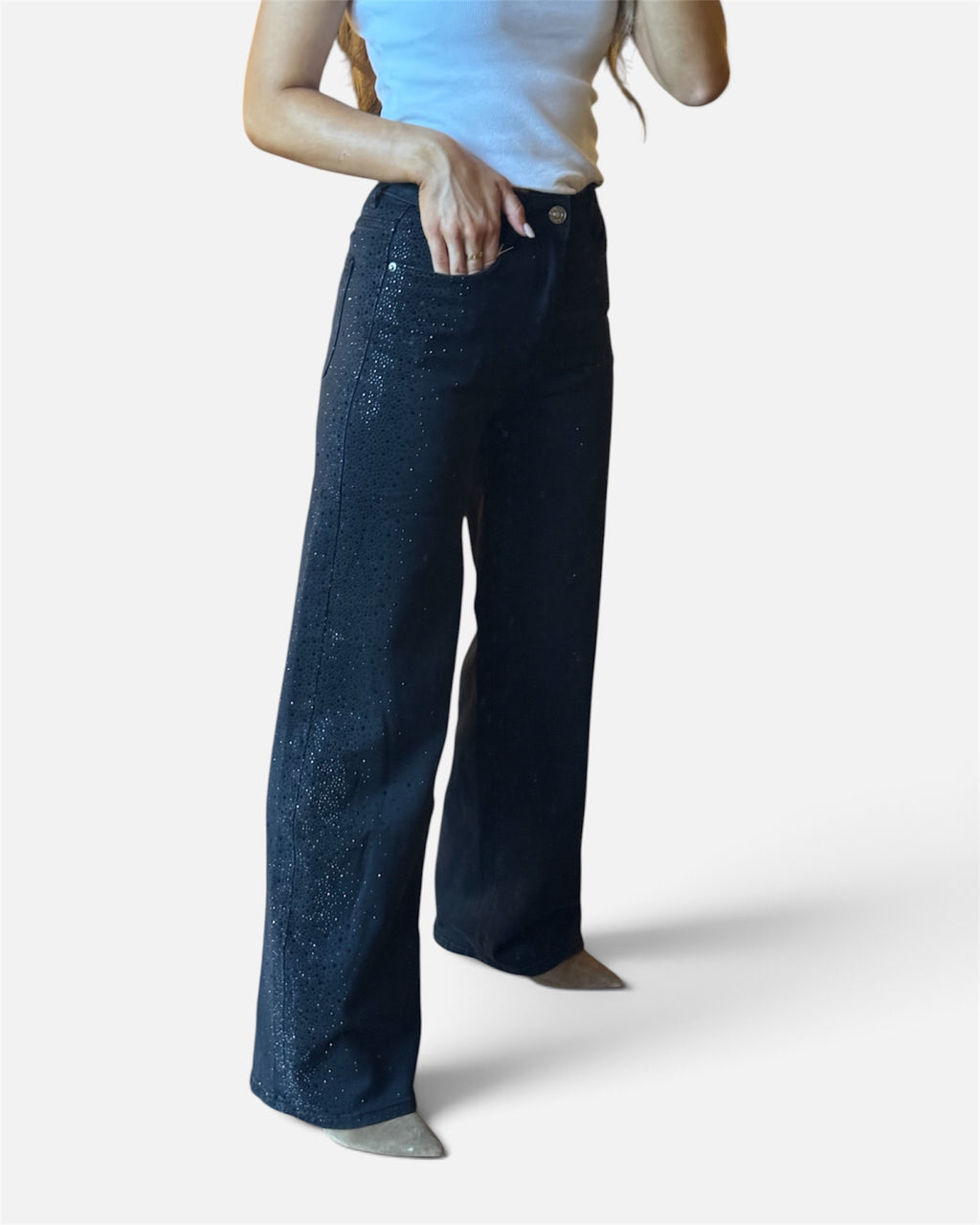 Penny Studded Wide Leg Jeans in Black