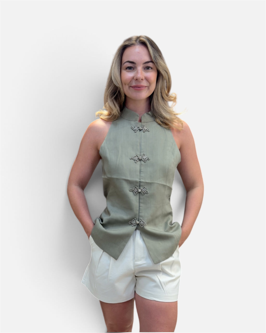 High neck linen top in sage