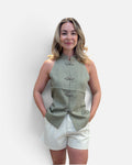 High neck linen top in sage