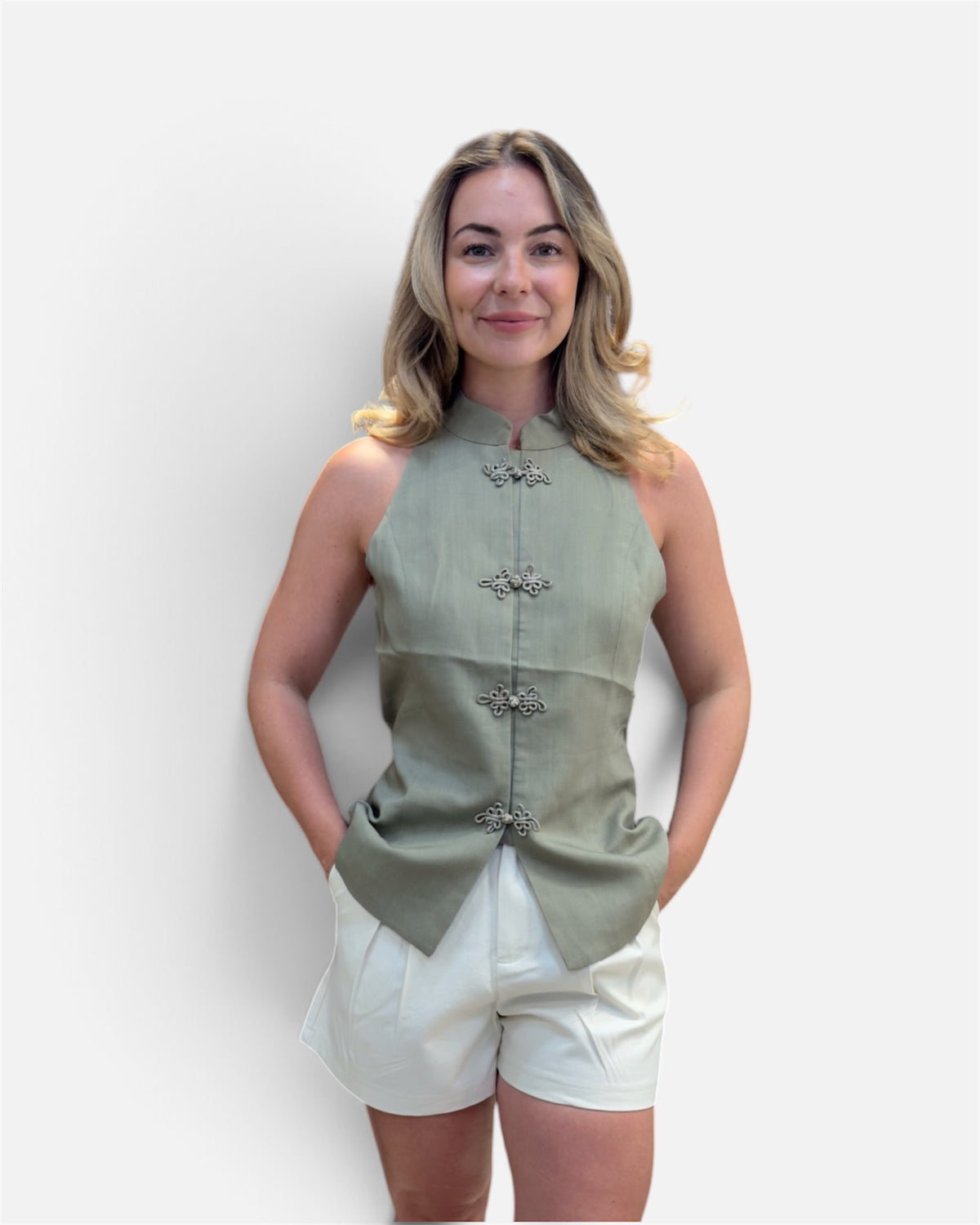 High neck linen top in sage